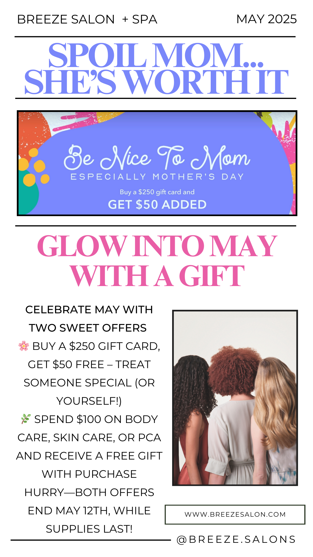 Mother’s Day salon promotion flyer with two gift card offers, pink flowers, and a message to celebrate moms in May at Breeze Salon + Spa.