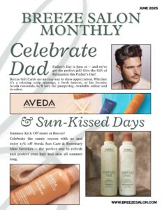 A Father's Day and summer-themed salon newsletter featuring a man with styled hair, Aveda gift cards, and Aveda Sun Care and Rosemary Mint products.