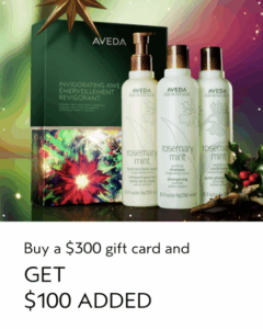 Aveda gift set with three Rosemary Mint products and a gift box. Text: “Buy a $300 gift card and get $100 added.” Holiday decorations in the background.