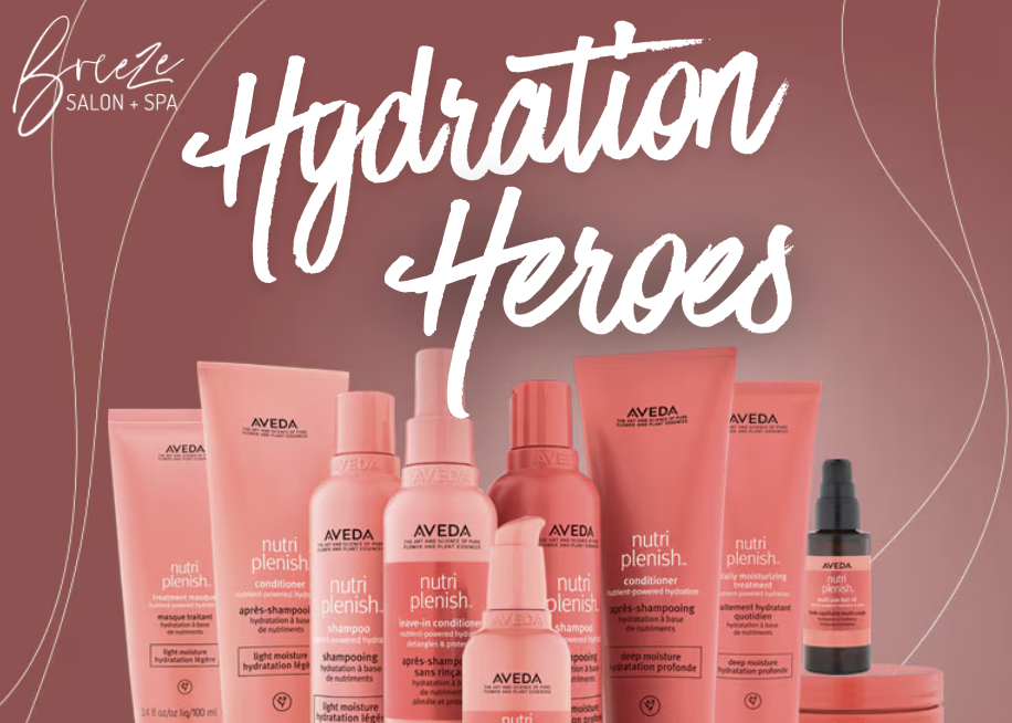 A collection of Aveda Nutriplenish hair care products in pink bottles is arranged under the text "Hydration Heroes" with the Breeze Salon + Spa logo in the top left corner.