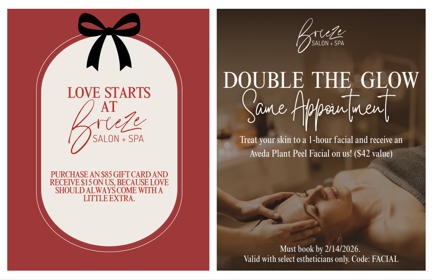 Two Breeze Salon + Spa promotions: buy an $85 gift card and get $15 extra; book a facial and get a free Aveda Plant Peel. Both offers shown with decorative text and images.