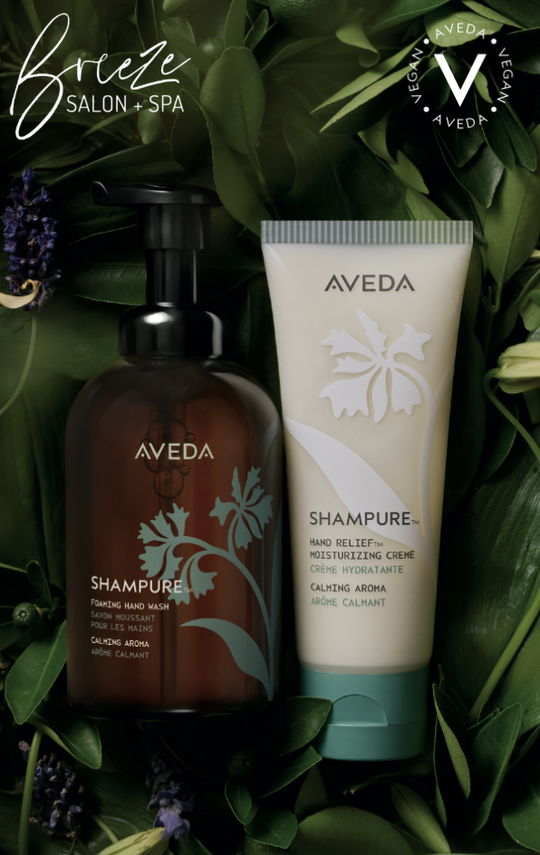 Two Aveda Shampure hand care New Arrivals are displayed on green leaves, with the Breeze Salon + Spa and Vegan Aveda logos in the corners.