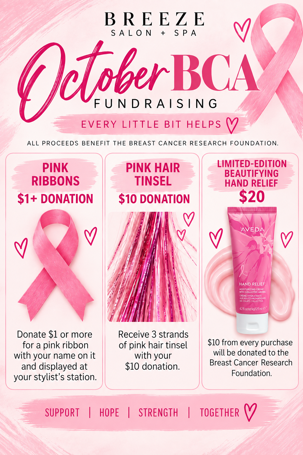 Breeze Salon + Spa Breast Cancer Awareness fundraising flyer outlining donation options for pink ribbons, hair tinsel, and Aveda hand relief cream, with proceeds benefiting the Breast Cancer Research Foundation.