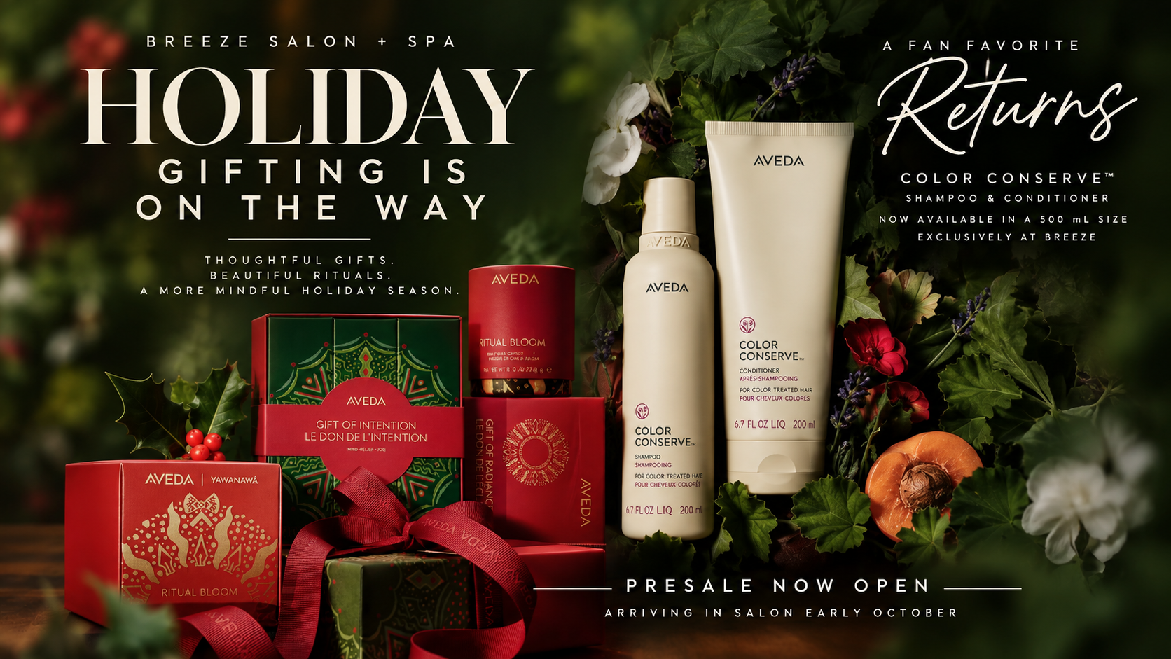 Holiday-themed display of Aveda gift boxes, shampoo, and conditioner, set among festive ornaments, pine branches, and ribbon, promoting holiday gifting and product presale at Breeze Salon + Spa.